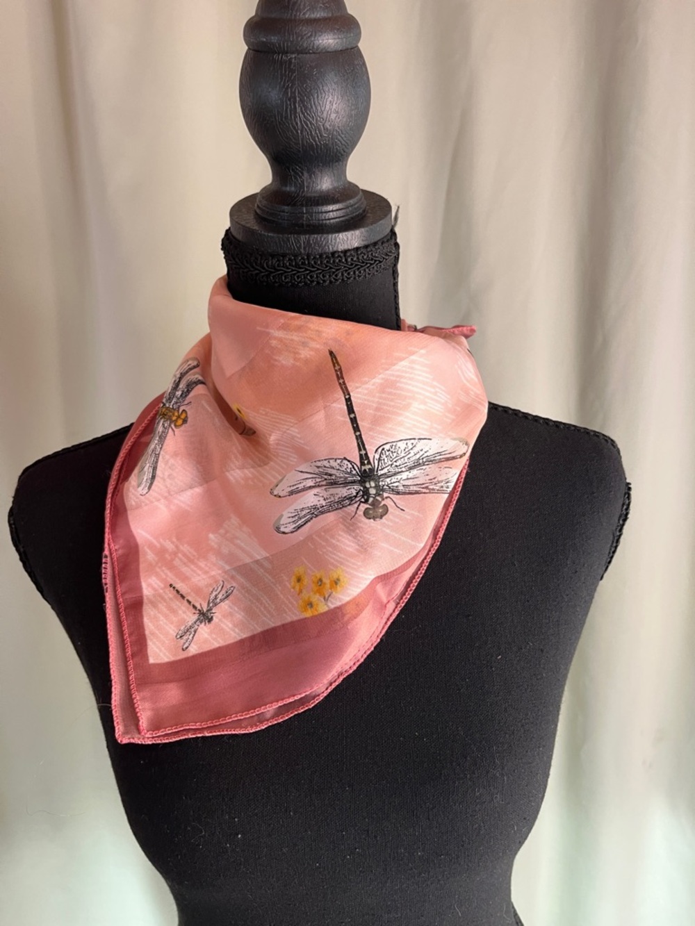 Pink Dragonfly Print Silk-Look Square Scarf with Yellow Flowers